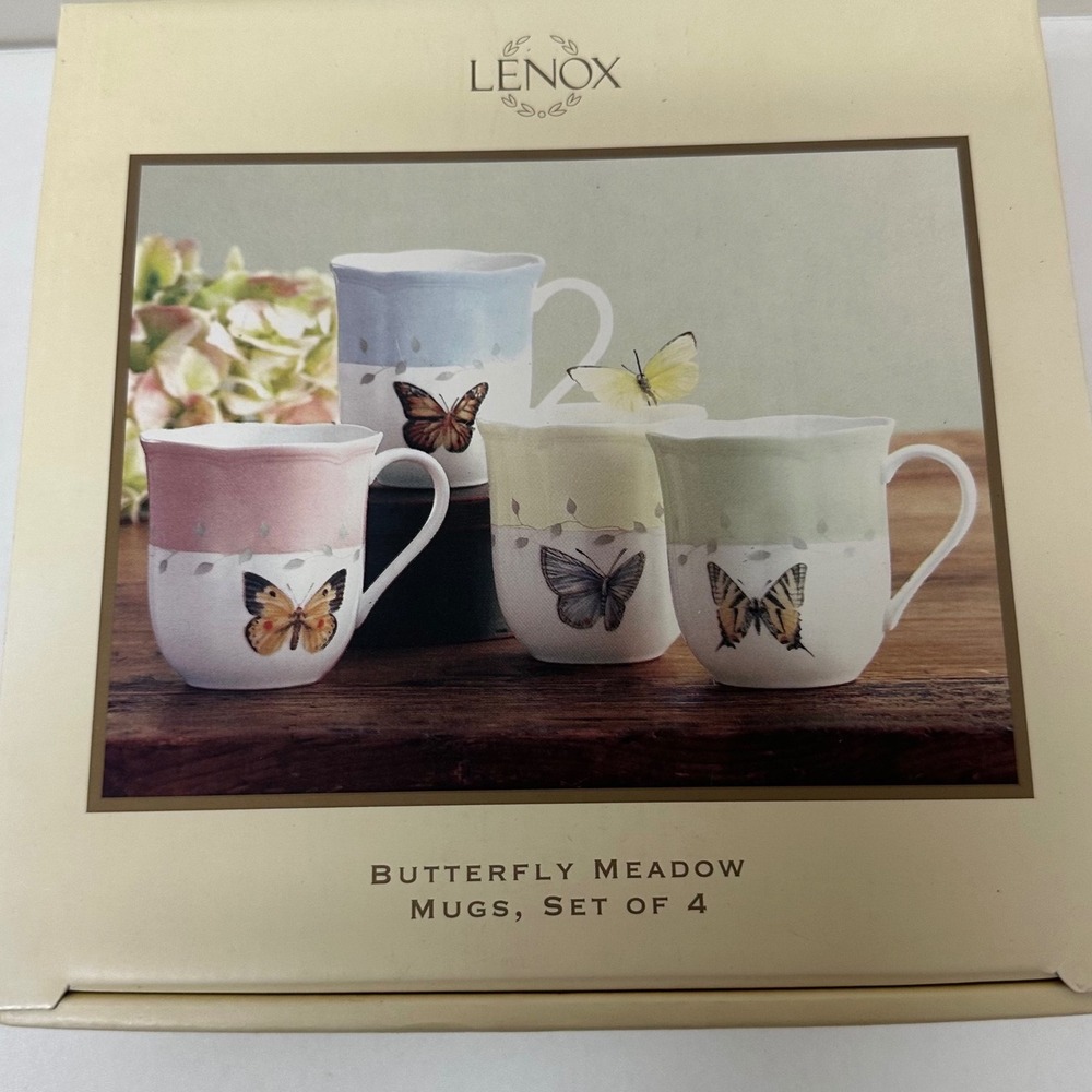 Lenox Butterfly Meadow Mugs Set of 4 Porcelain Pastel Scalloped 773903 New